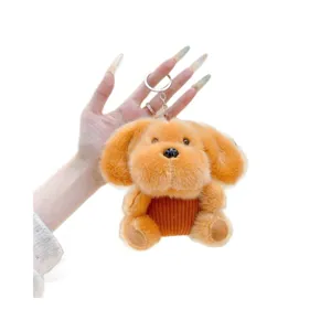 Cute fluffy puppy plush keychain with striped sweater, perfect bag charm and lovely toy gift.