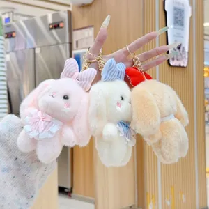 Cute plaid bow rabbit plush keychain bag pendant fluffy doll toy ornament accessory