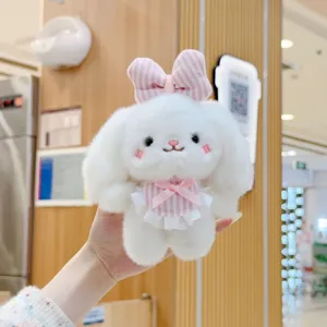 Cute plush bunny pendant stuffed toy with plaid bow for bag charm and lovely keychain decoration