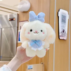 Cute plush bunny pendant with blue bow and apron, soft stuffed doll bag charm keychain.
