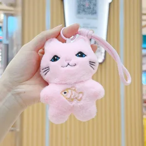 Pink cat plush keychain cute cartoon animal phone pendant soft toy accessory for bags keys