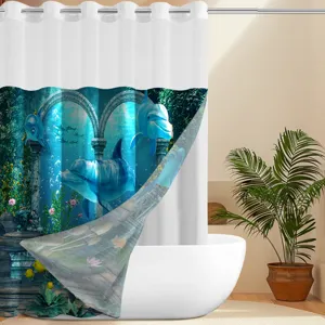Double Layer Hookless Shower Curtain Ocean Dolphin Print Waffle Fabric Waterproof Bathroom Decor Curtain And Mat Set