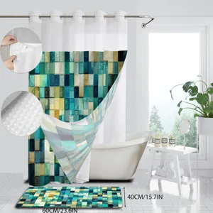 Detailansicht des Duschvorhangs und der Badematte im Mosaik-Design mit wasserdichter Textur.