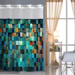 Primo piano dettagliato della moderna tenda da doccia con motivo geometrico 3D in bagno.