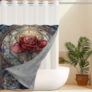 Double layer 3D floral stained glass rose shower curtain for modern home bathroom decor.