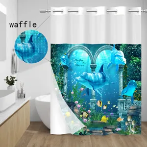 Detailed view of the ocean dolphin shower curtain showing waffle texture fabric and rings.