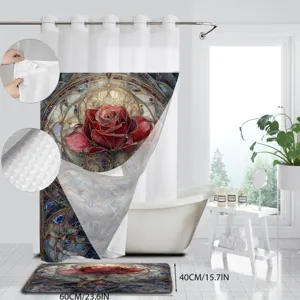 Stained glass rose shower curtain and bath mat set with waterproof fabric and dimension details.