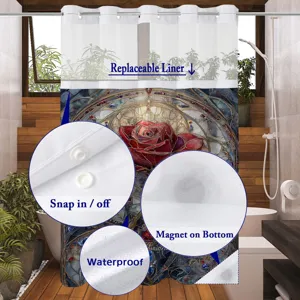 Double layer shower curtain with snap-in liner, waterproof floral print and bottom magnets.