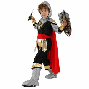 Details of kids medieval knight costume with shield and cape for Halloween party events.