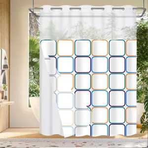 Double layer geometric grid shower curtain with large rings for bathroom detail view