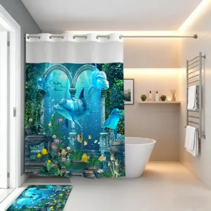 Ocean dolphin shower curtain detail showcasing vibrant underwater print and metal grommets.