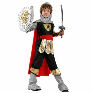 Details of the kids medieval knight costume with shield and sword for party roleplay cosplay.