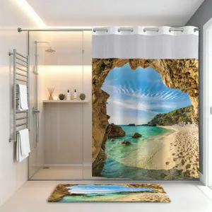 Ocean beach 3D cave print shower curtain set with matching non-slip bathroom floor mat.