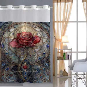 Hookless Polyester Shower Curtain With Detachable Liner Double Layer Waterproof 3D Printed Floral Pyramids Bath Curtain For Bathroom Home