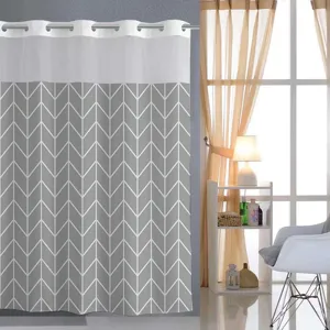 Waterproof grey geometric pattern shower curtain with metal grommets for modern bathroom decor.
