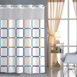 Details of the modern geometric shower curtain with colorful squares and durable hanging rings.