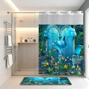 Ocean dolphin shower curtain and mat set, double layer waterproof bathroom decor for home.