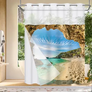 Detailed view of ocean scenic shower curtain hanging in modern bright bathroom interior.