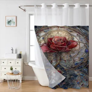 Stained glass red rose print double layer shower curtain for stylish bathroom decor