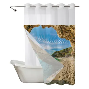 Ocean view cave print shower curtain with large rings and double layer design for bathroom.