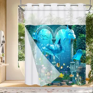 Double layer dolphin print shower curtain waterproof bathroom curtain with hanging rings.