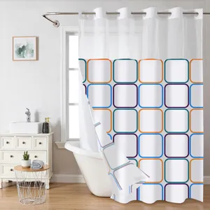 Close-up view of the double-layer geometric printed hookless shower curtain in bathroom.