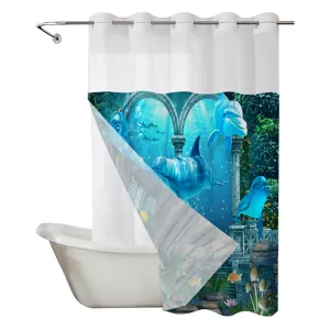 Ocean style double layer shower curtain with dolphin print, wet and dry separation.