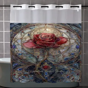 Stained glass red rose shower curtain hookless bathroom decor waterproof fabric curtain