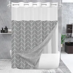 Double layer shower curtain with grey chevron pattern for modern bathroom decor waterproof.