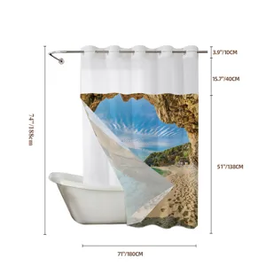 Double layer ocean print shower curtain with beach cave view, waterproof home bathroom decor