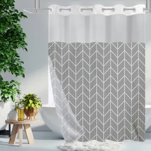 Double layer hookless shower curtain with grey geometric grid print for modern bathroom decor