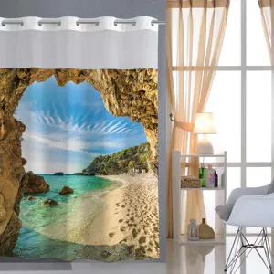 Ocean beach scenic shower curtain with large metal grommets, waterproof bathroom decor.