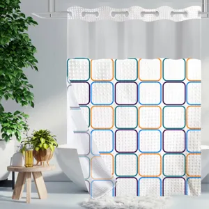 Double-layer waffle weave shower curtain with colorful grid pattern and built-in rings.