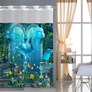 Dolphin print shower curtain with large rings, waterproof fabric for modern bathroom decor.