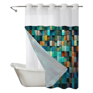 Tendina doccia a doppio strato con stampa a mosaico 3D, decoro bagno vista di dettaglio.