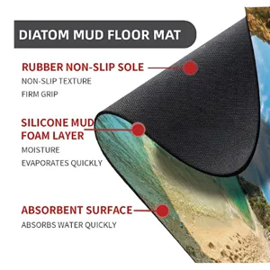 Non-slip diatom mud floor mat with beach scenery print, fast water absorption layer.