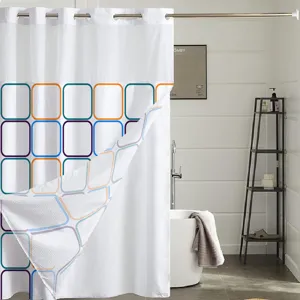 Double layer geometric grid print shower curtain hookless modern bathroom decor white