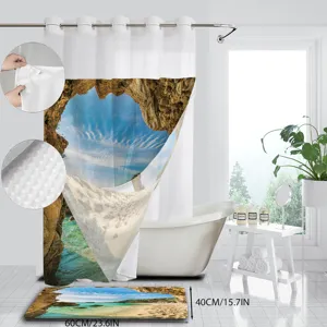 Detailed view of the ocean landscape double-layer shower curtain and matching floor mat set.