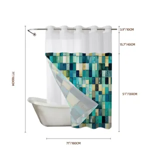 Wasserdichter Duschvorhang mit blauem Mosaikdruck und durchsichtigem Oberteil für Bad