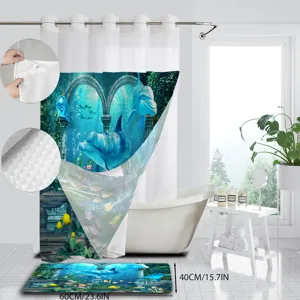 Double layer marine dolphin shower curtain set with matching bath mat for modern bathroom decor.