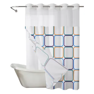 Double layer geometric grid print shower curtain with large rings for modern bathroom.
