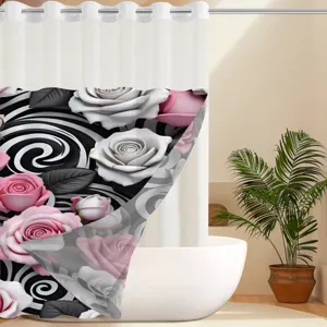 Double layer 3D rose flower printed shower curtain for modern bathroom decor detail view.