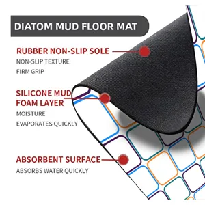 Diatom mud floor mat with non-slip rubber sole, quick-drying absorbent surface for bathroom.
