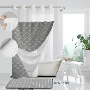 Double layer grey chevron shower curtain set with matching bathroom floor mat, hookless design.