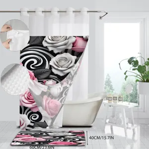 Double layer large ring 3D floral print shower curtain and mat detail view with hookless design.