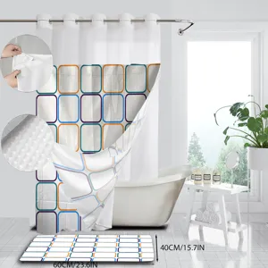 Double layer shower curtain set with geometric grid print and matching floor mat for bathroom.