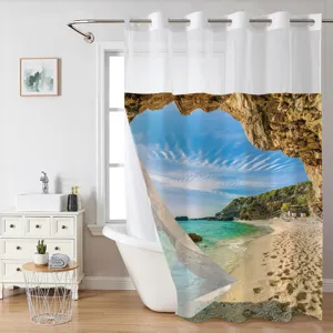 Double layer shower curtain ocean beach print hookless bathroom waterproof fabric decor and liners