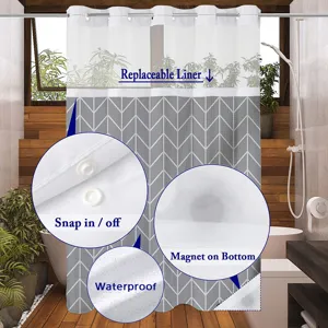 Hookless shower curtain with snap-in fabric liner, waterproof geometric pattern bathroom set.
