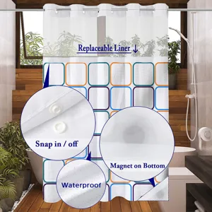 Double layer shower curtain with snap-in liner, waterproof fabric and bottom magnets.