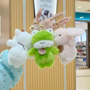 Cute plush animal keychain set featuring frog, rabbit, and sheep, soft bag charm detail.